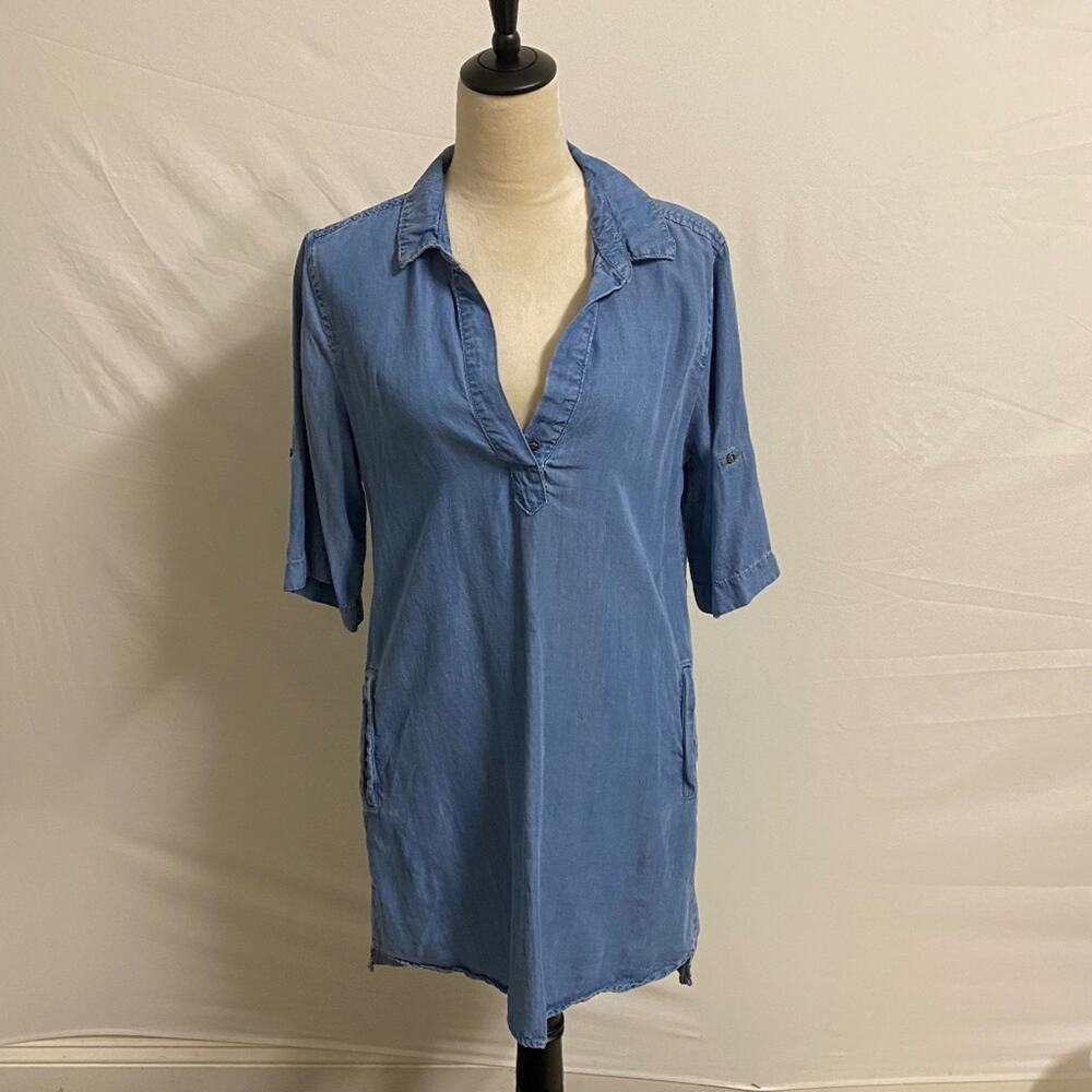 Philosophy Split Neck Loose Fit Chambray Shift Dress - Medium